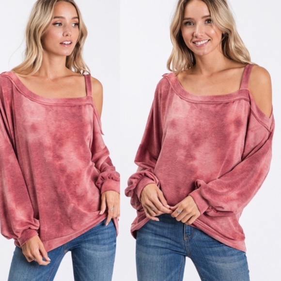 Bellanblue Tops - RUTH Tie Dye Cold Shoulder Top - MAUVE